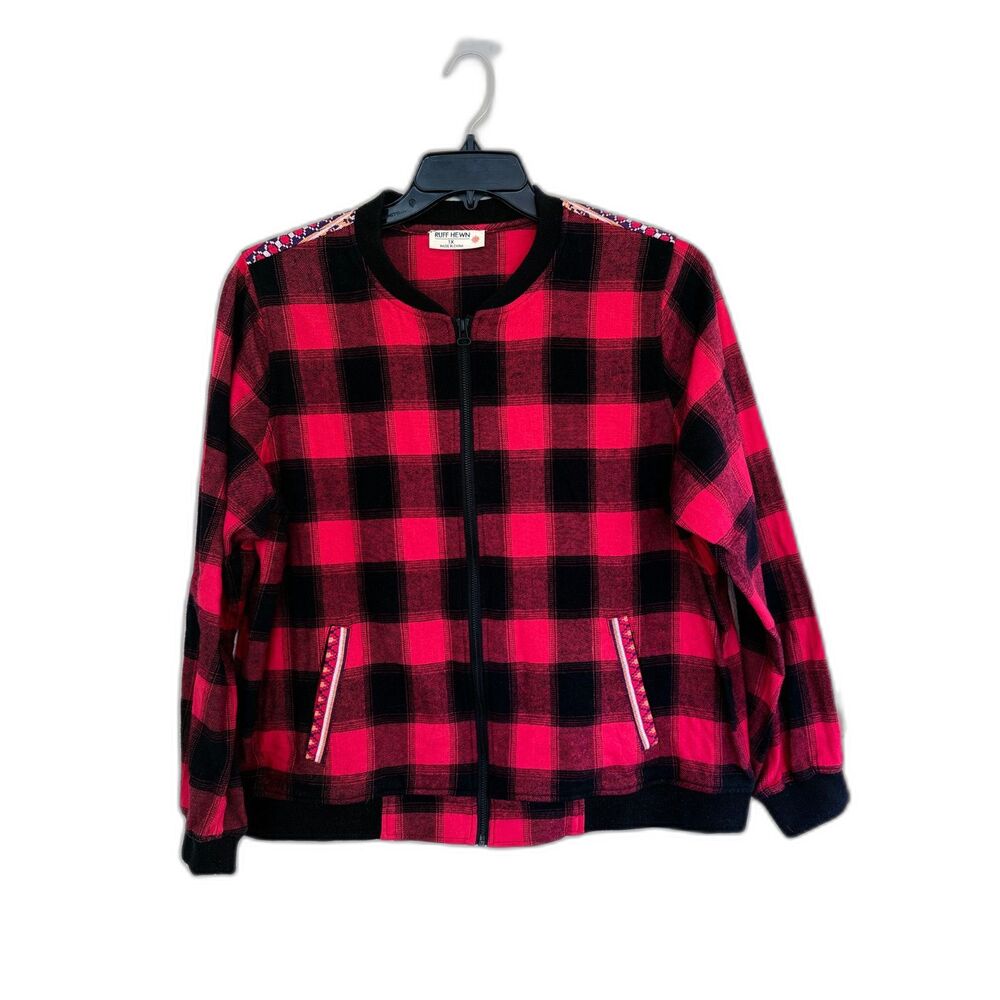 Ruff Hewn Red Black Buffalo Plaid shirt 1X‎ Embroidered Trim Zip Up